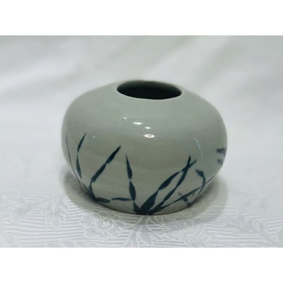 Pottery Vase Round Gray Blue Grass Narrow Opening Studio 3.25”H Signed BP - Picture 2 of 8